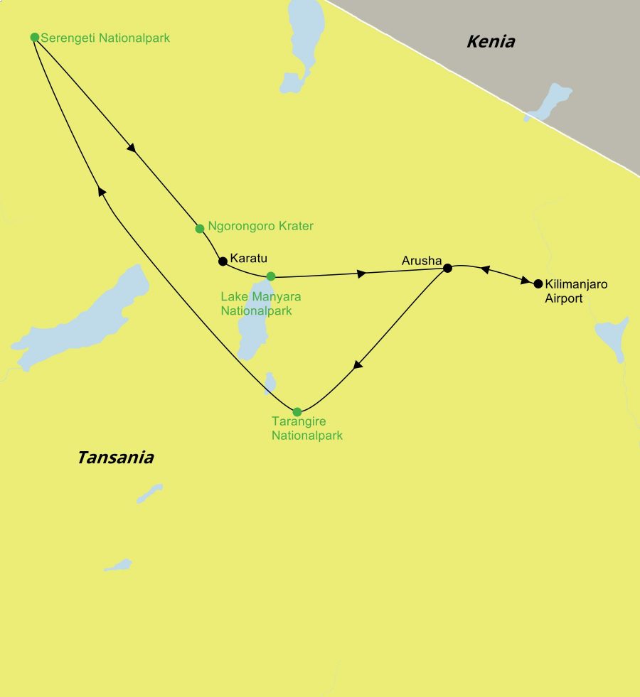 Die Reiseroute der Tansania Rundreise Safari – Das Beste im Norden führt von Arusha über den Tarangire Nationalpark, die Serengeti, den Ngorongoro-Krater und den Lake Manyara Nationalpark wieder zurück nach Arusha.