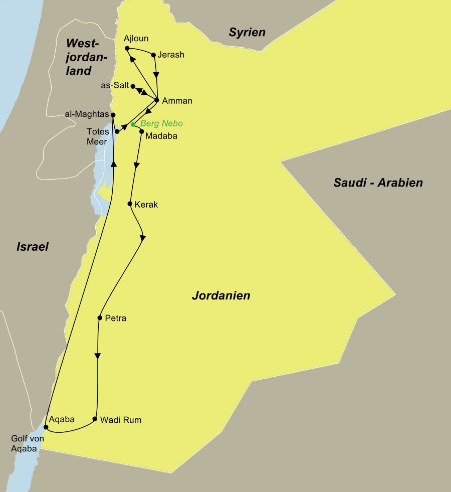 Die Reiseroute der Jordanien Rundreise | Individuell entdecken führt von Amman über Ajloun, Jerash, As Salt, den Mount Nebo, Madaba, Kerak, Petra, das Wadi Rum, Aqaba, die Taufstelle Jesu/Al-Maghtas und das Tote Meer zurück nach Amman.