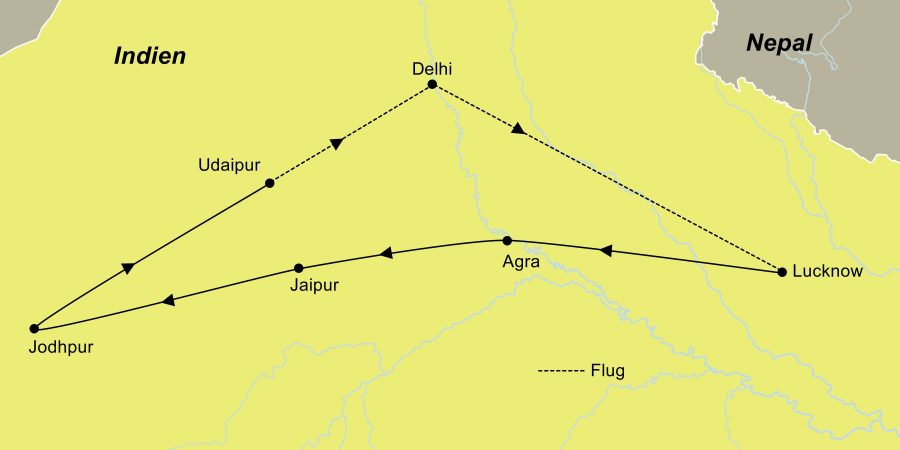 Die Reiseroute der kulinarischen Indienreise für Genießer führt von Delhi über Lucknow, Agra, Jaipur, Jodhpur und Udaipur wieder zurück nach Delhi.