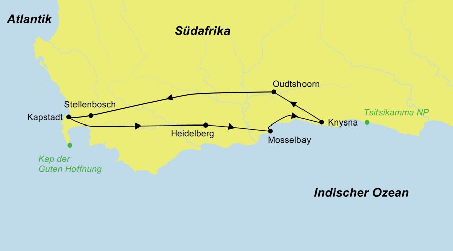 Die Reiseroute der Familienreise Südafrika | Mit dem Mietwagen entlang der Gardenroute führt von Kapstadt über Heidelberg, Mosselbay, Knysa, Oudtshoorn und Stellenbosch wieder zurück nach Kapstadt.