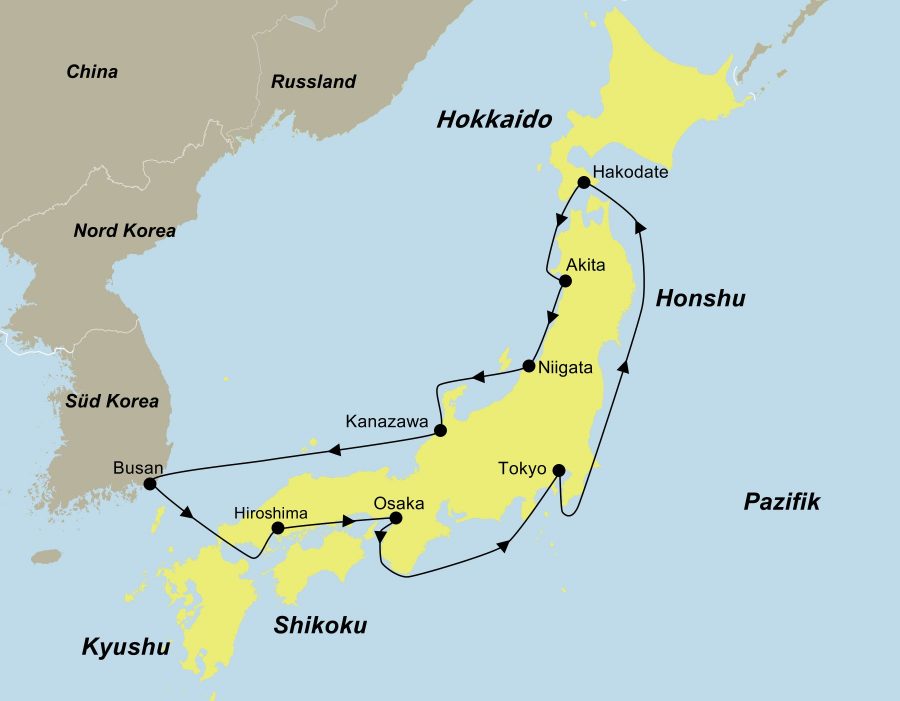 Die Reiseroute der Luxus Kreuzfahrt Japan & Korea mit Silversea führt von Tokyo über Hakodate, Akita, Niigata, Kanazawa, Busan, Hiroshima und Osaka wieder zurück nach Tokyo.