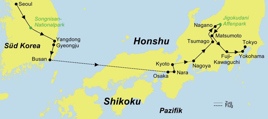 Die Reiseroute der Südkorea & Japan Entdeckungstour führt von Seoul über den Songnisan-Nationalpark, Songnisan, Yangdong, Gyeongju, Busan, Osaka, Nara, Kyoto, Nagoya, Kiso, Nagano, Jigokudani, Matsumoto, Fuji undYokohama nach Tokyo.