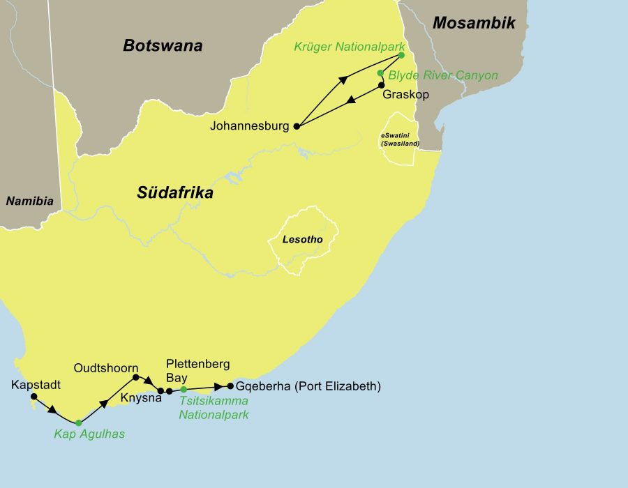 Die Reiseroute der Gruppenreise Südafrika Entdeckerreise führt von Kapstadt über Oudtshoorn, Knysna, den Tsitsikamma Nationalpark, Port Elizabeth und Johannesburg bis zum Krüger Nationalpark.