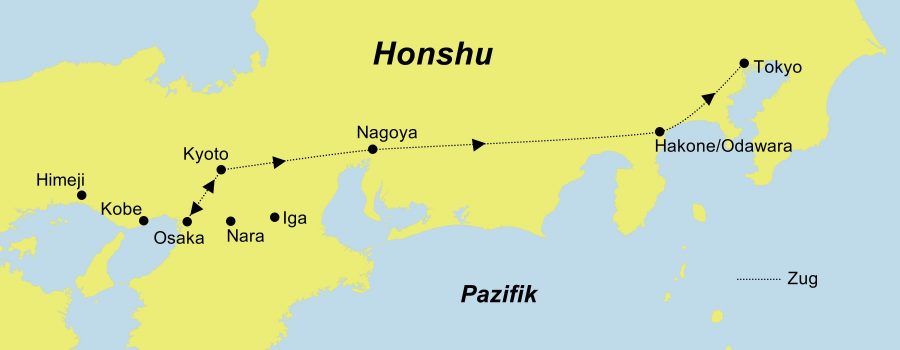 Die Reiseroute des Kurztrip Japan | EXPO Osaka 2025 führt von Osaka über Kyoto und den Izu-Hakone-Fuji Nationalpark nach Tokyo.