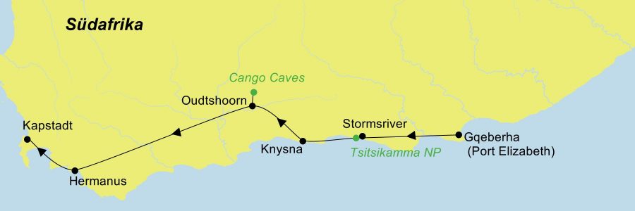 Die Reiseroute der Rundreise Südafrika Garden Route Highlights führt von Port Elizabeth über den Tsitsikamma Nationalpark, Knysa, Oudtshoorn und Hermanus nach Kapstadt.