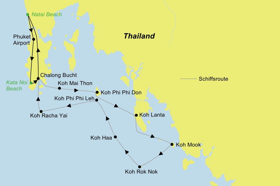 Die Reiseroute der Rundreise Thailand Segeltörn im Katamaran | Inselparadies Phuket führt von Phuket über Koh Mai Thon, Koh Phi Phi Don, Koh Lanta, Koh Mook, Koh Rok Nok, Koh Ha, Koh Phi Phi Leh und Koh Racha Yai wieder zurück nach Phuket.